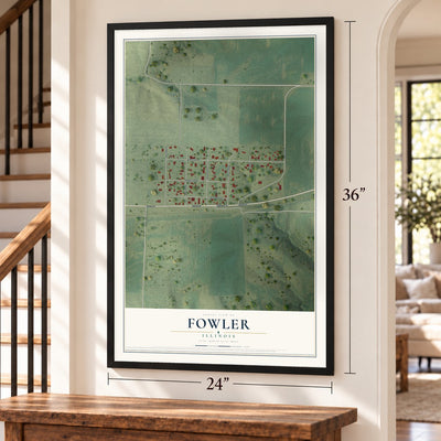 Fowler, Illinois map, 24 x 36 inch print in a black frame by a staircase