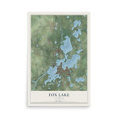 Map of Fox Lake, Illinois, 12 x 18 inch unframed archival matte print