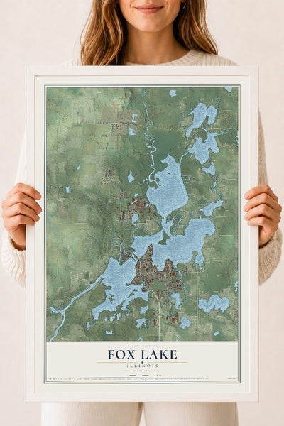 Map of Fox Lake, Illinois, 18 x 24 inch print in a white wood frame