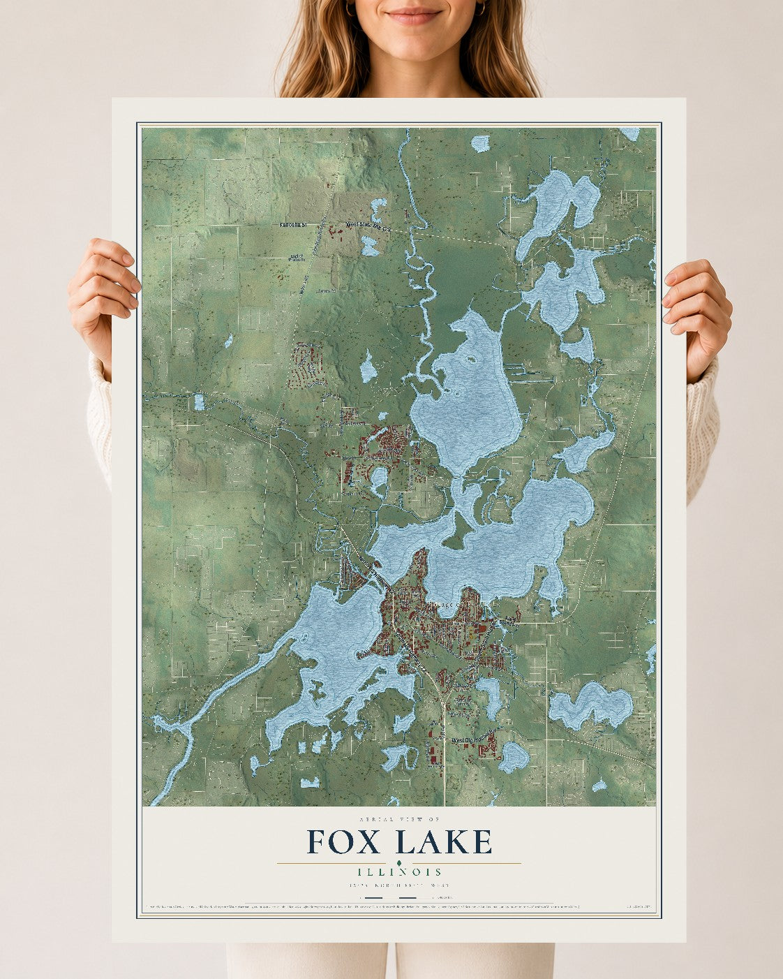 Map of Fox Lake, Illinois, 24 x 36 inch unframed archival matte print
