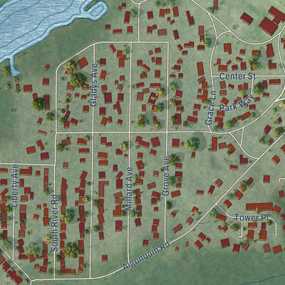 Close-up of the map of Fox River Grove, Illinois print showing street and building detail