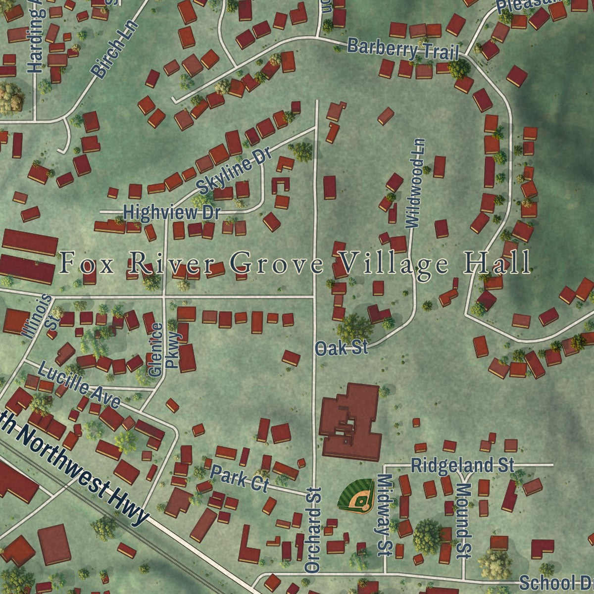 Second close-up of the map of Fox River Grove, Illinois print showing more streets and buildings