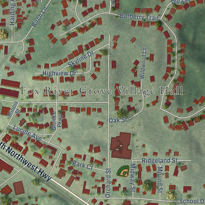 Second close-up of the map of Fox River Grove, Illinois print showing more streets and buildings