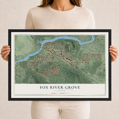 Map of Fox River Grove, Illinois, 12 x 18 inch print in a black wood frame