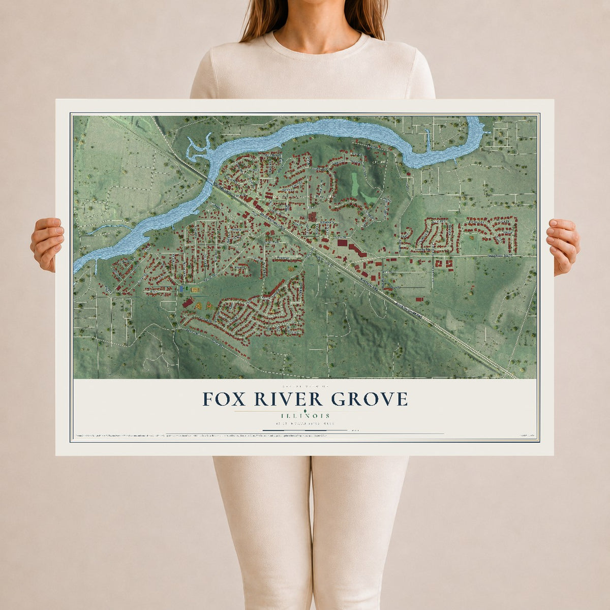 Map of Fox River Grove, Illinois, 24 x 36 inch unframed archival matte print