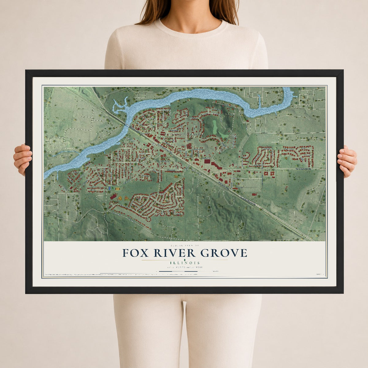 Map of Fox River Grove, Illinois, 24 x 36 inch print in a black wood frame