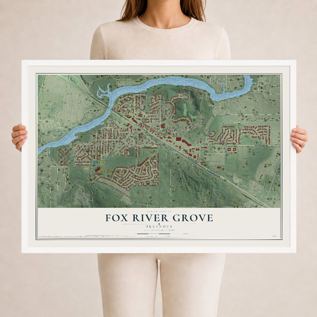 Map of Fox River Grove, Illinois, 24 x 36 inch print in a white wood frame