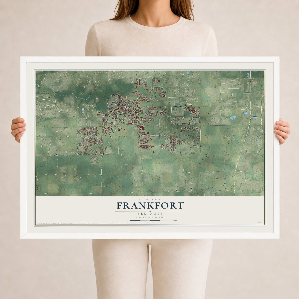 Map of Frankfort, Illinois, 24 x 36 inch print in a white wood frame
