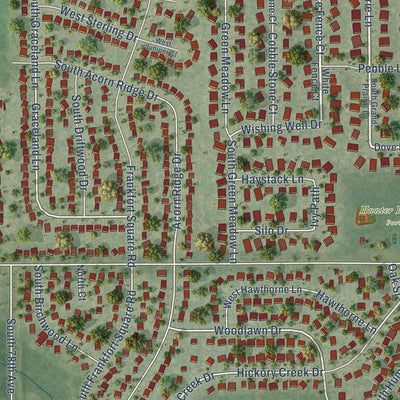 Close-up of the map of Frankfort Square, Illinois print showing street and building detail