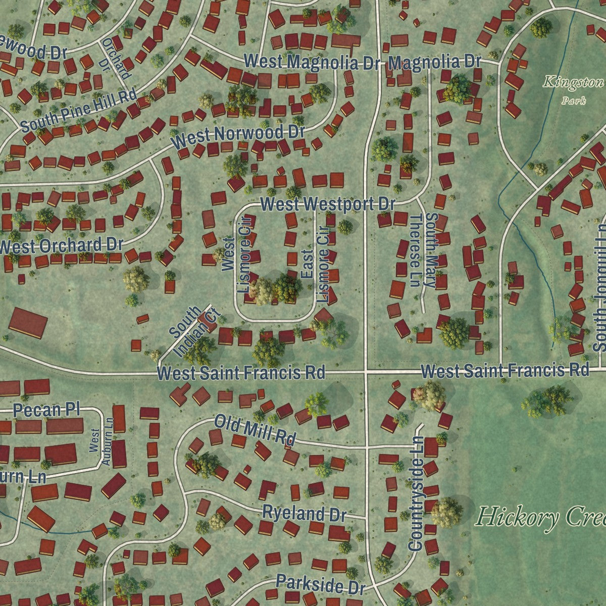 Second close-up of the map of Frankfort Square, Illinois print showing more streets and buildings