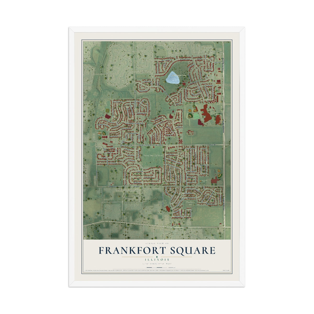 Map of Frankfort Square, Illinois, 12 x 18 inch print in a white wood frame
