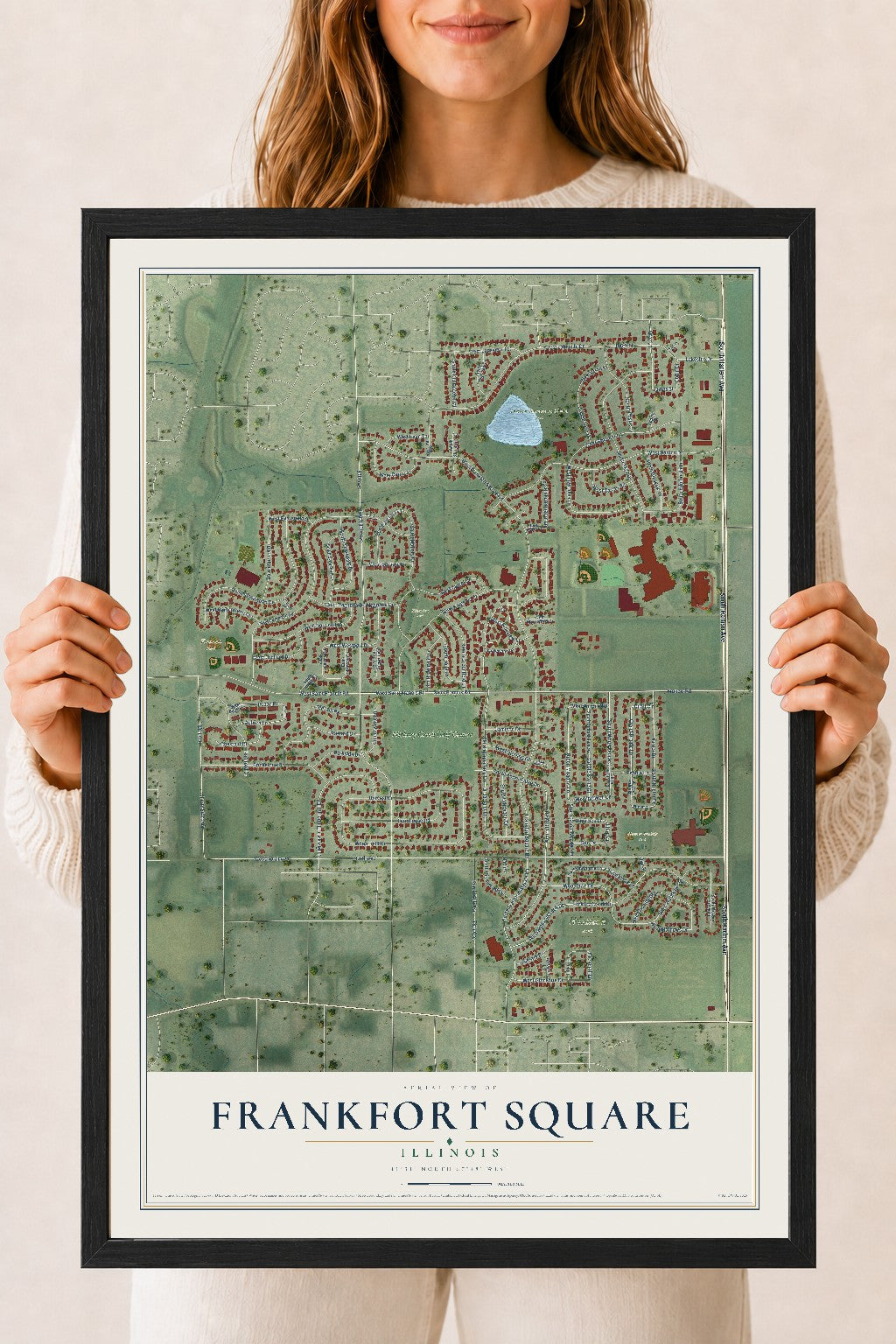 Map of Frankfort Square, Illinois, 18 x 24 inch print in a black wood frame