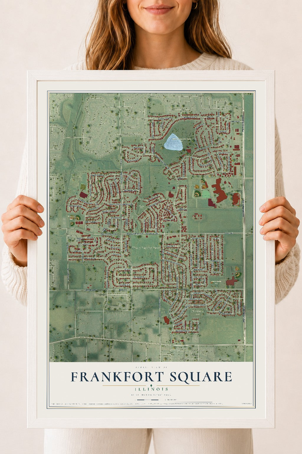 Map of Frankfort Square, Illinois, 18 x 24 inch print in a white wood frame
