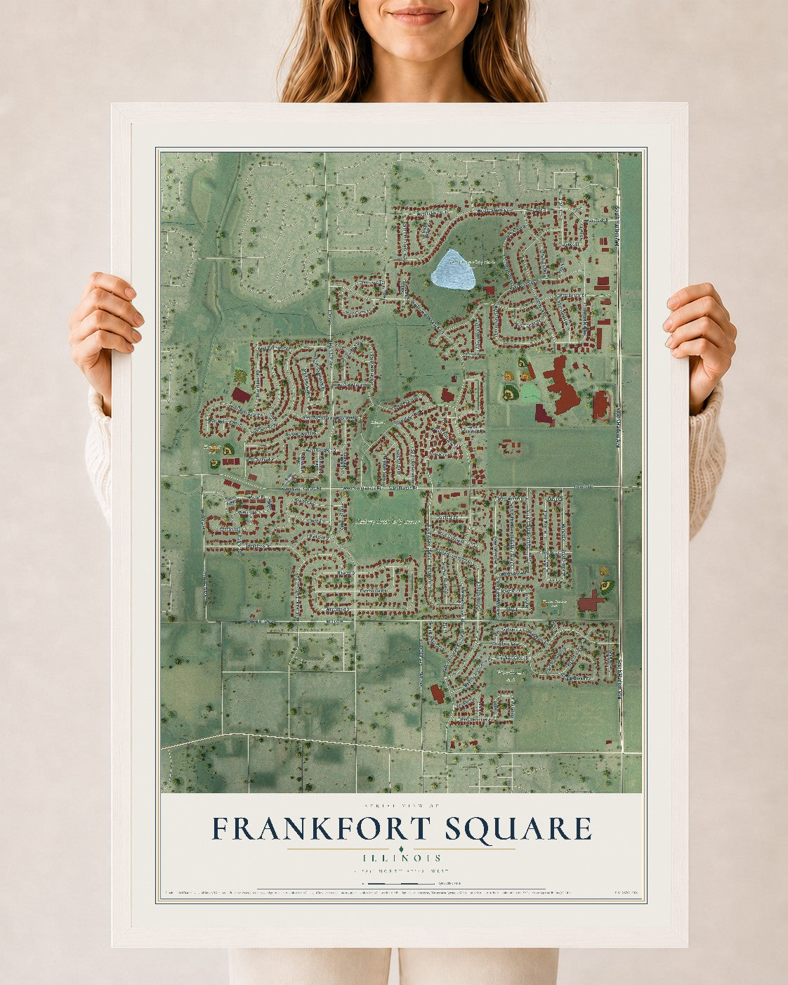 Map of Frankfort Square, Illinois, 24 x 36 inch print in a white wood frame