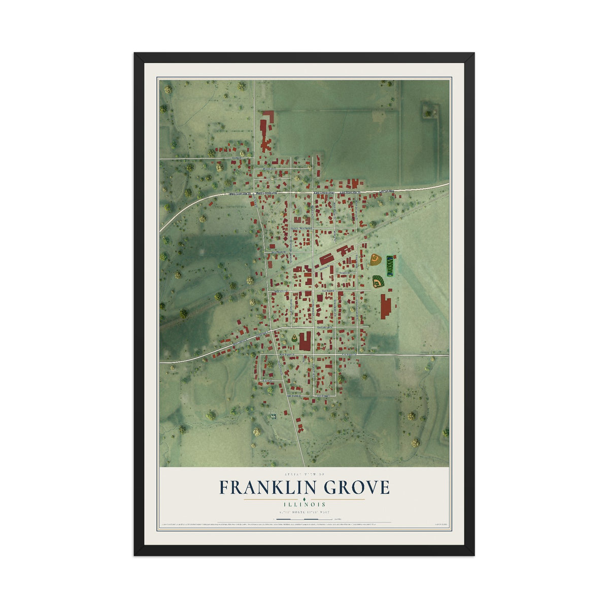 Map of Franklin Grove, Illinois, 12 x 18 inch print in a black wood frame