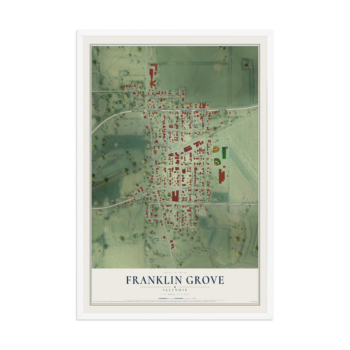 Map of Franklin Grove, Illinois, 12 x 18 inch print in a white wood frame