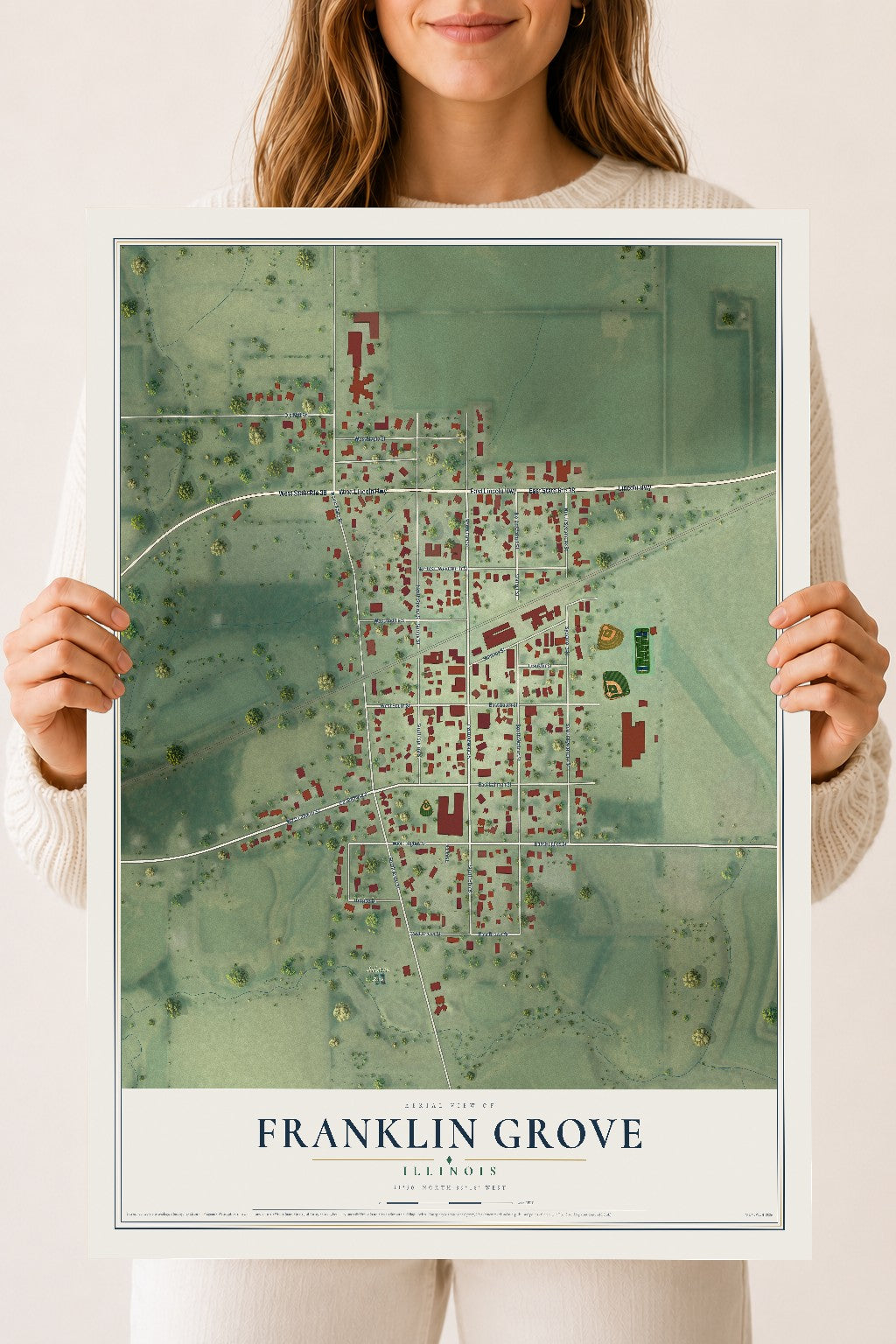 Map of Franklin Grove, Illinois, 18 x 24 inch unframed archival matte print