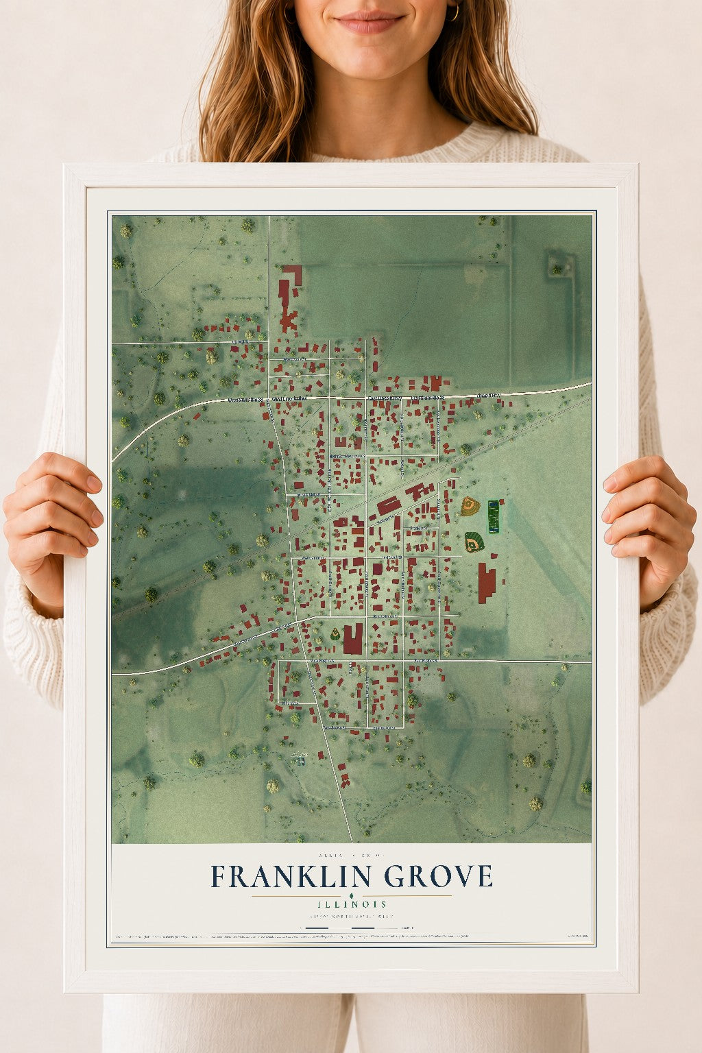 Map of Franklin Grove, Illinois, 18 x 24 inch print in a white wood frame