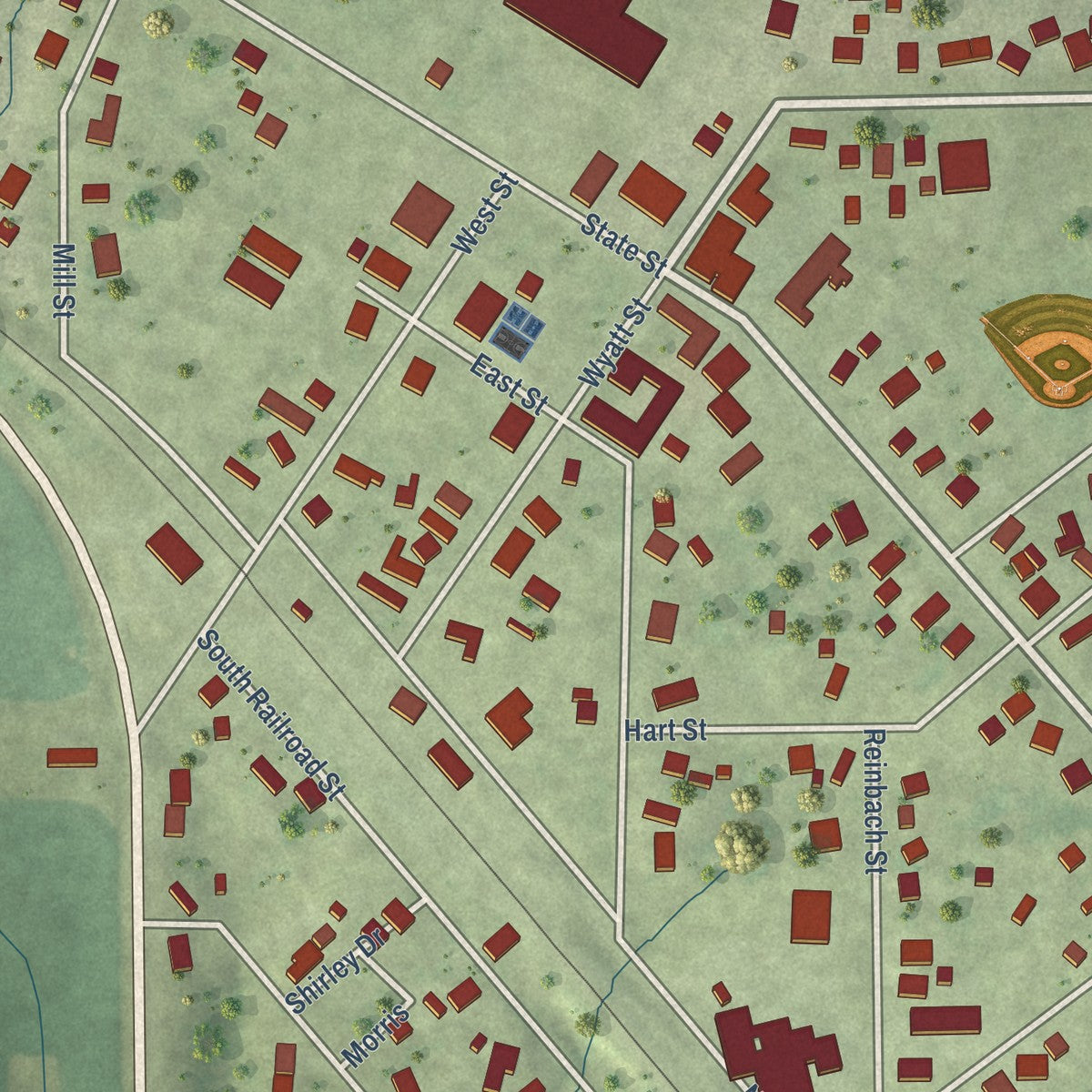 Close-up of the map of Franklin, Illinois print showing street and building detail