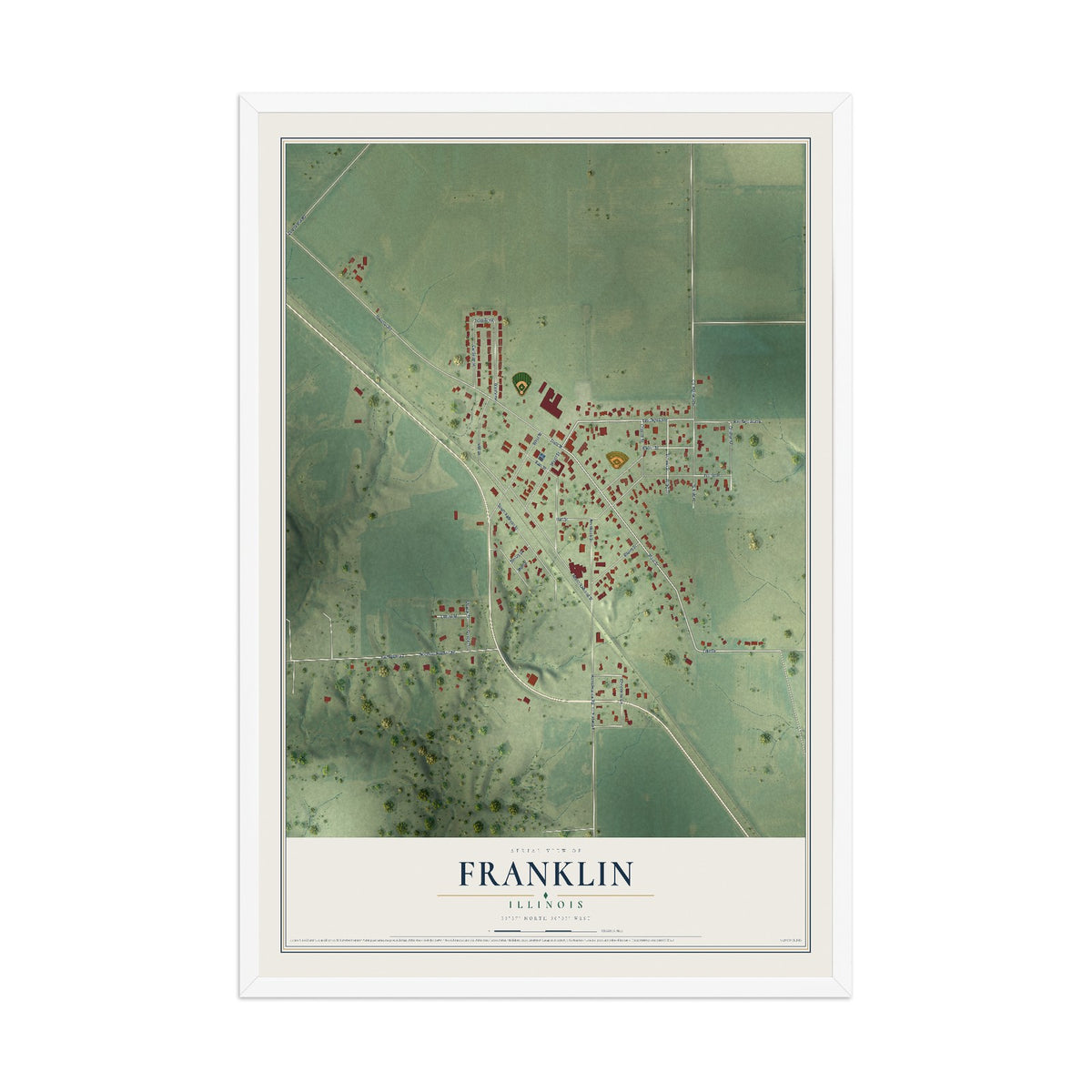 Map of Franklin, Illinois, 12 x 18 inch print in a white wood frame