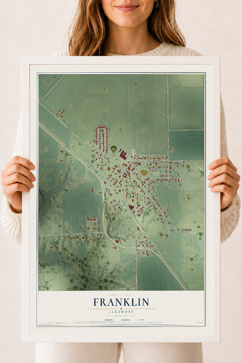 Map of Franklin, Illinois, 18 x 24 inch print in a white wood frame
