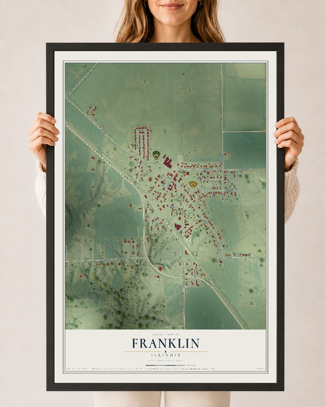 Map of Franklin, Illinois, 24 x 36 inch print in a black wood frame