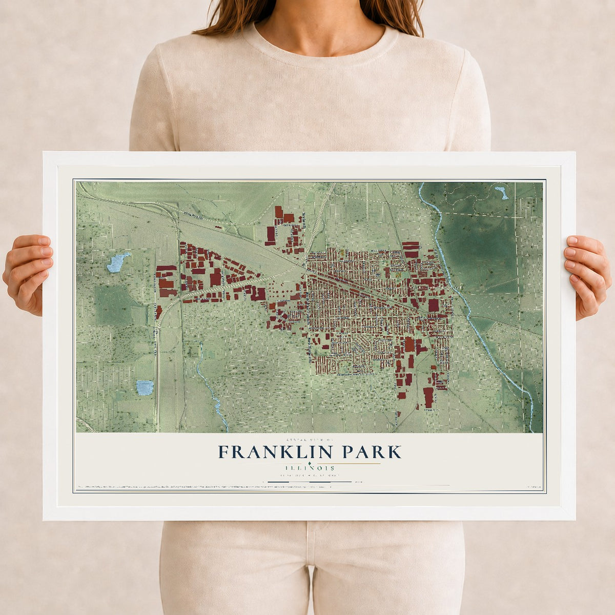 Map of Franklin Park, Illinois, 12 x 18 inch print in a white wood frame