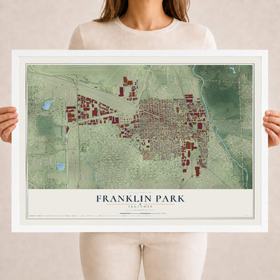 Map of Franklin Park, Illinois, 18 x 24 inch print in a white wood frame