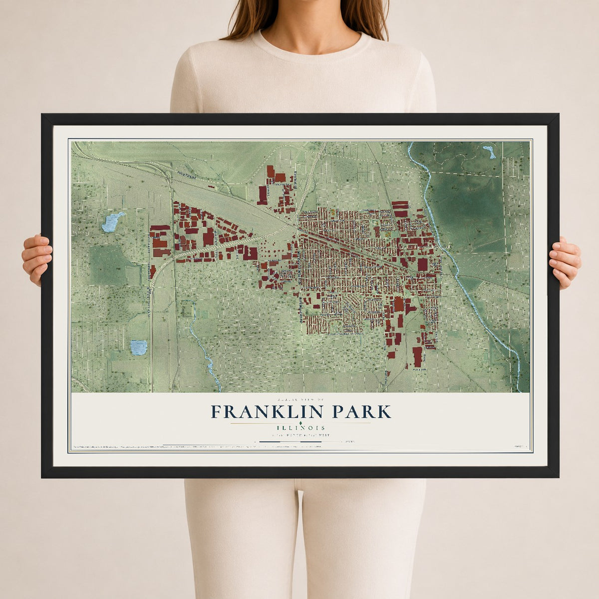 Map of Franklin Park, Illinois, 24 x 36 inch print in a black wood frame