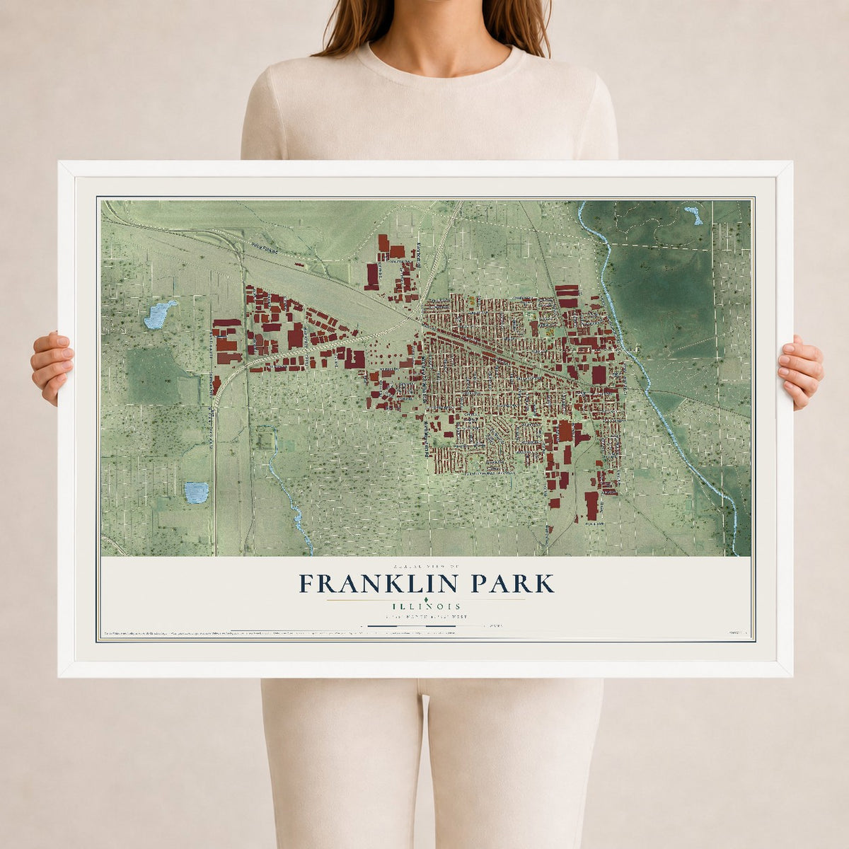 Map of Franklin Park, Illinois, 24 x 36 inch print in a white wood frame