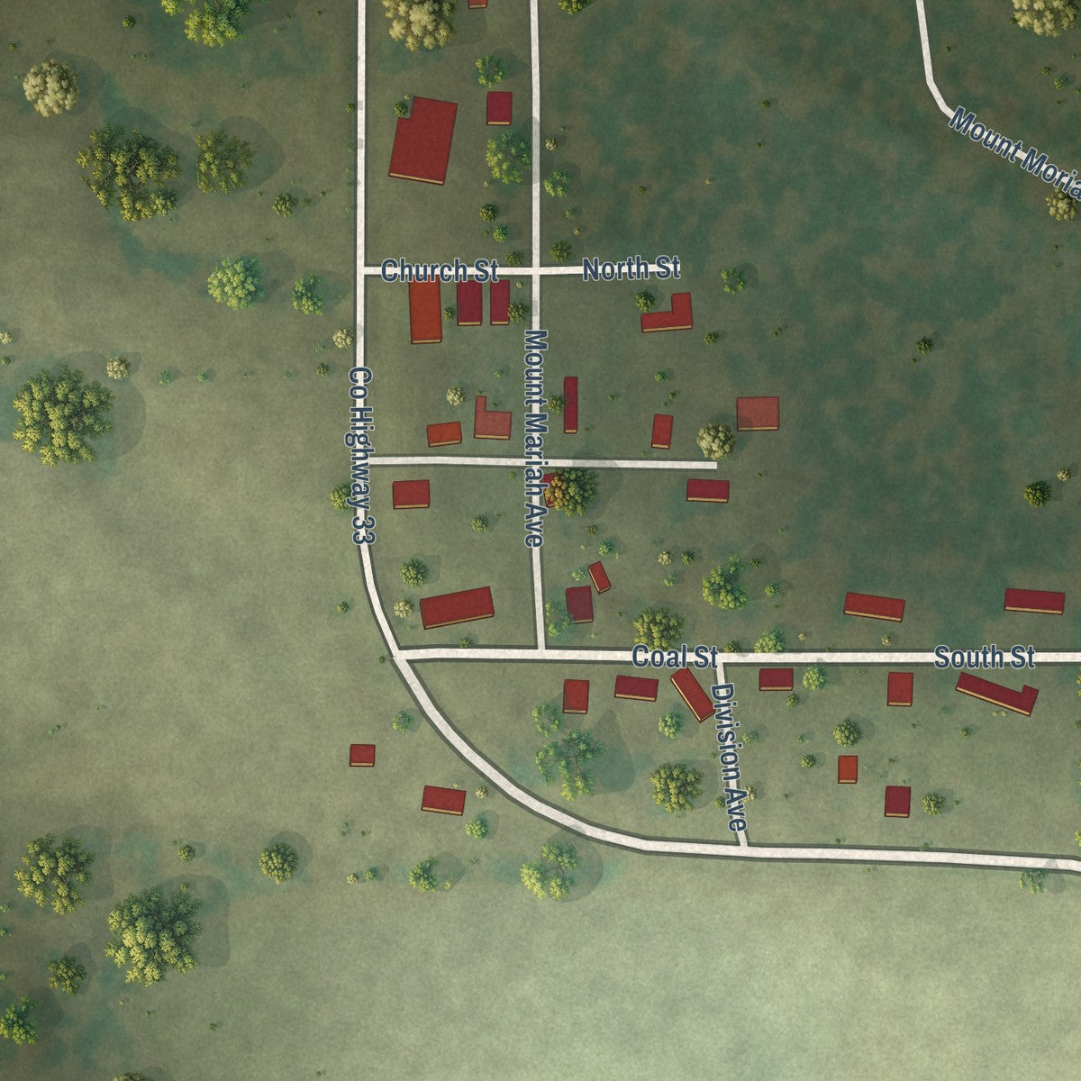 Second close-up of the map of Freeman Spur, Illinois print showing more streets and buildings