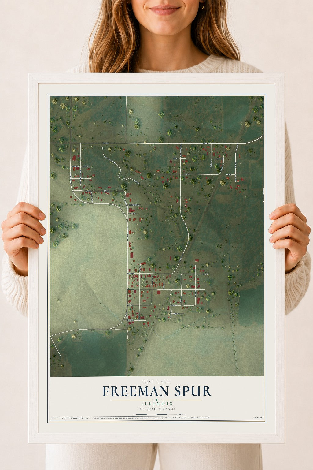 Map of Freeman Spur, Illinois, 18 x 24 inch print in a white wood frame