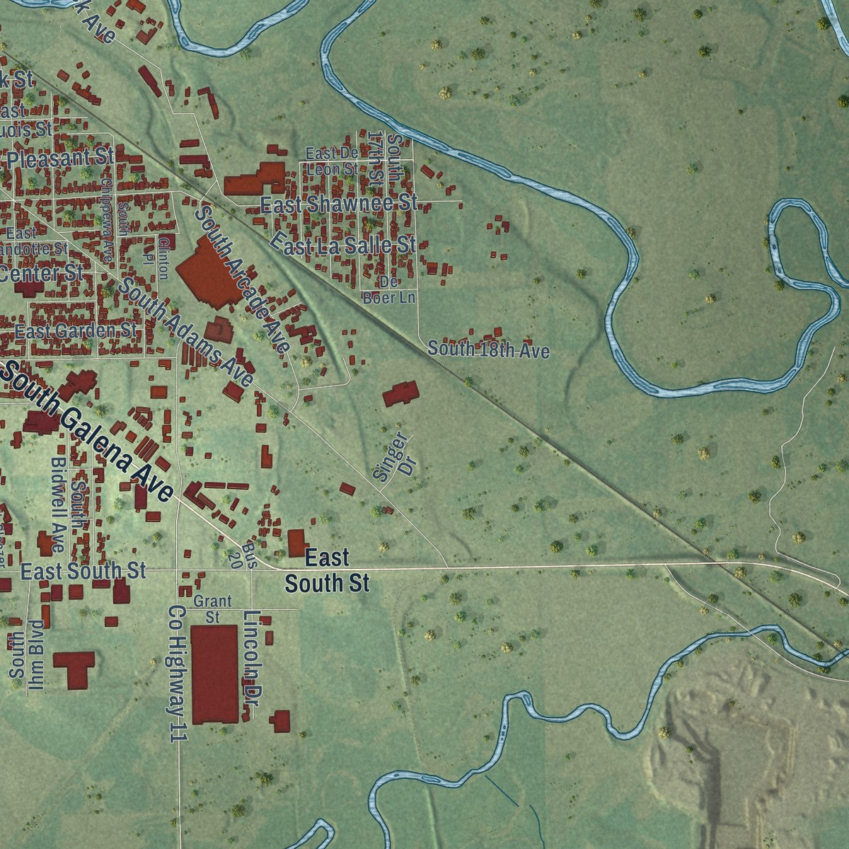 Second close-up of the map of Freeport, Illinois print showing more streets and buildings