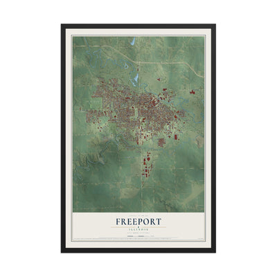 Map of Freeport, Illinois, 12 x 18 inch print in a black wood frame