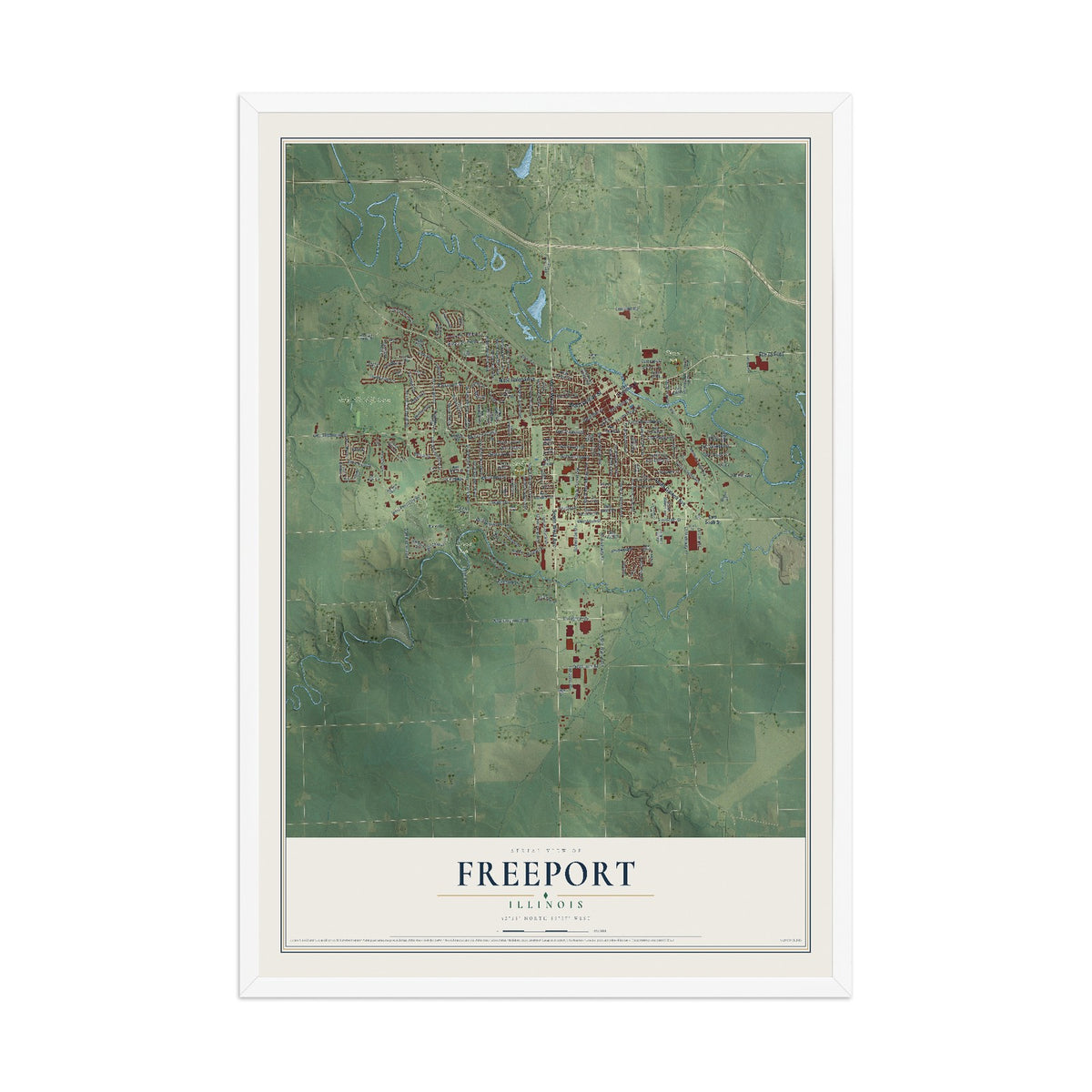 Map of Freeport, Illinois, 12 x 18 inch print in a white wood frame