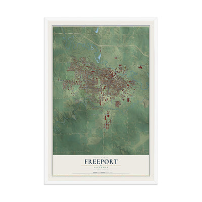 Map of Freeport, Illinois, 12 x 18 inch print in a white wood frame