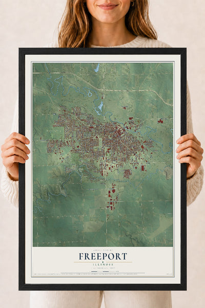 Map of Freeport, Illinois, 18 x 24 inch print in a black wood frame