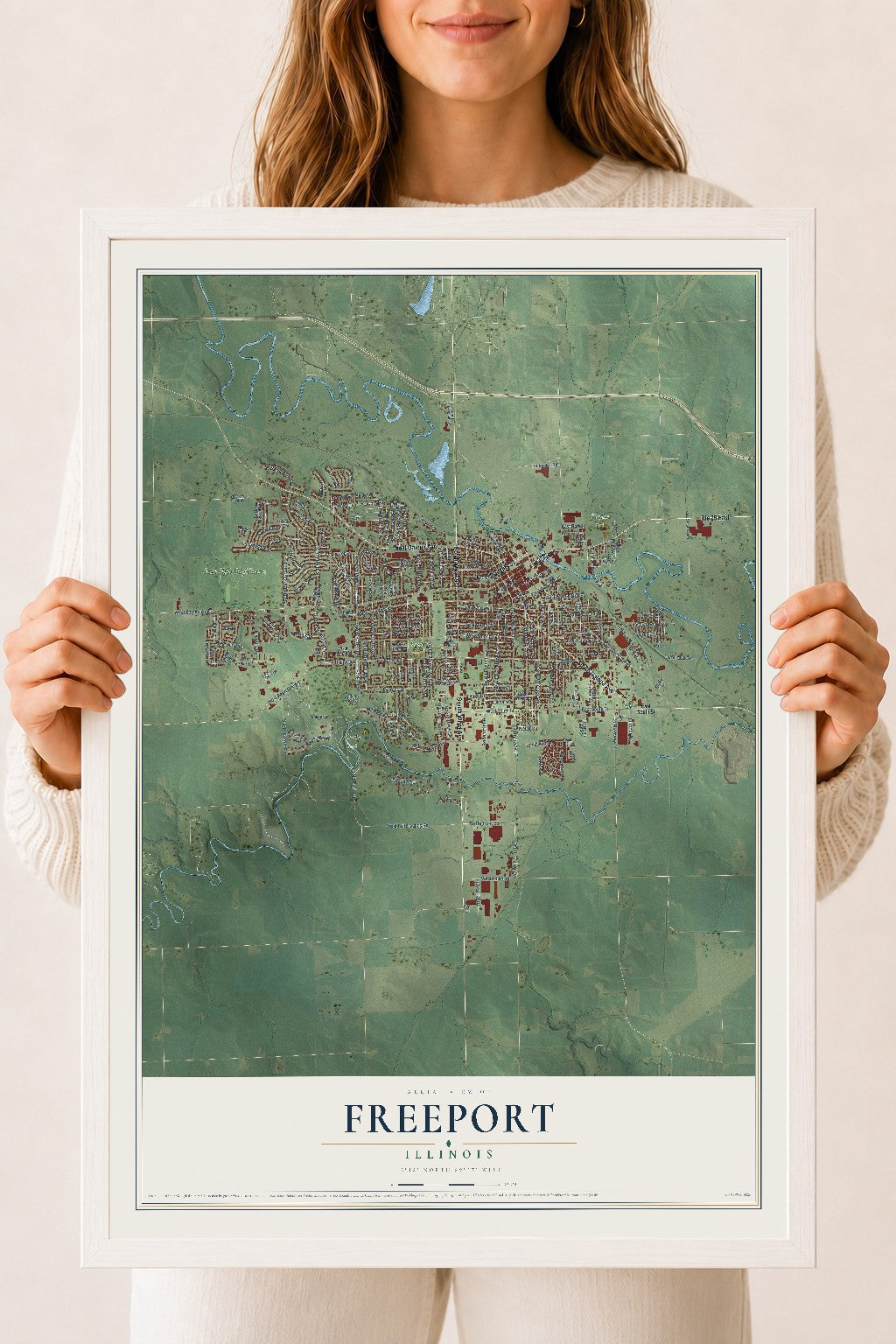 Map of Freeport, Illinois, 18 x 24 inch print in a white wood frame