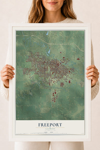 Map of Freeport, Illinois, 18 x 24 inch print in a white wood frame