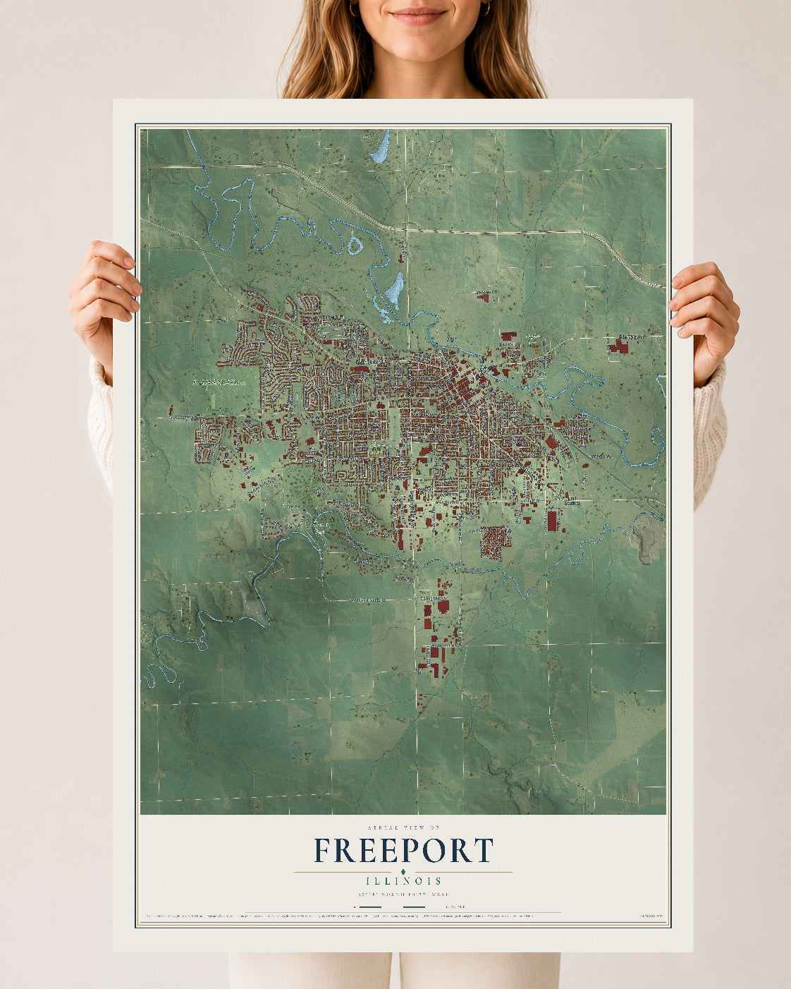 Map of Freeport, Illinois, 24 x 36 inch unframed archival matte print