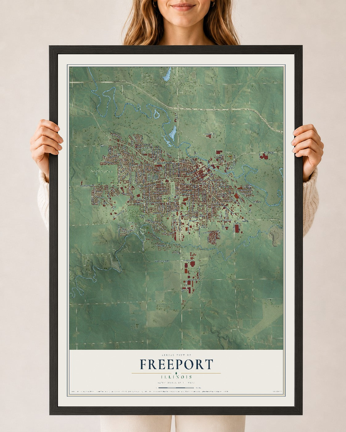 Map of Freeport, Illinois, 24 x 36 inch print in a black wood frame