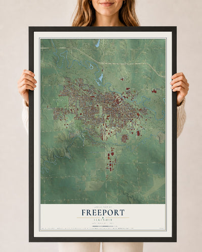 Map of Freeport, Illinois, 24 x 36 inch print in a black wood frame