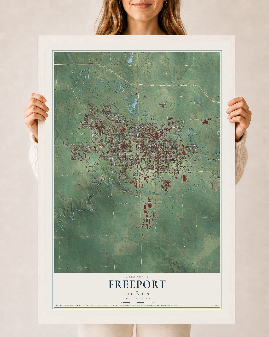 Map of Freeport, Illinois, 24 x 36 inch print in a white wood frame