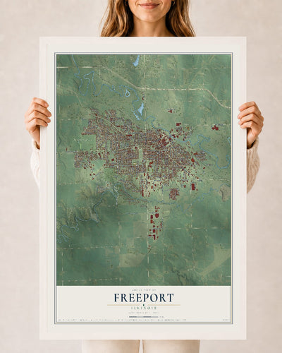 Map of Freeport, Illinois, 24 x 36 inch print in a white wood frame