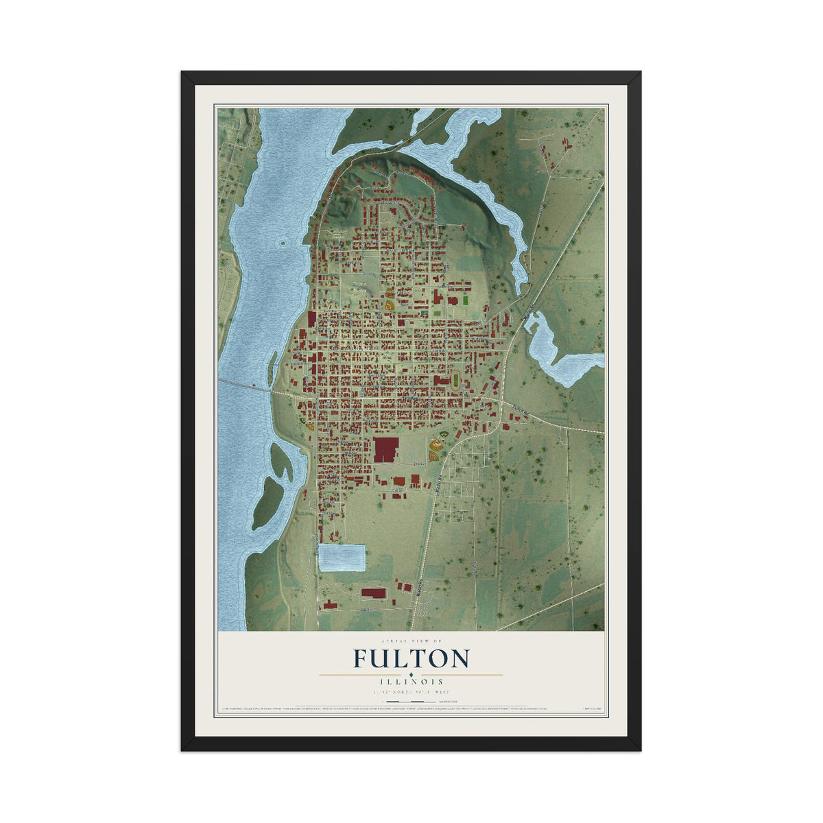 Map of Fulton, Illinois, 12 x 18 inch print in a black wood frame