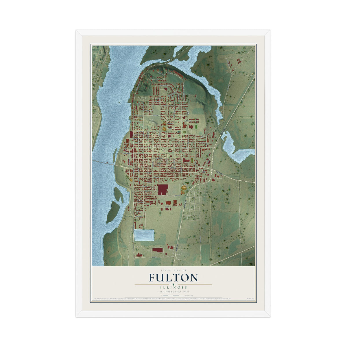 Map of Fulton, Illinois, 12 x 18 inch print in a white wood frame