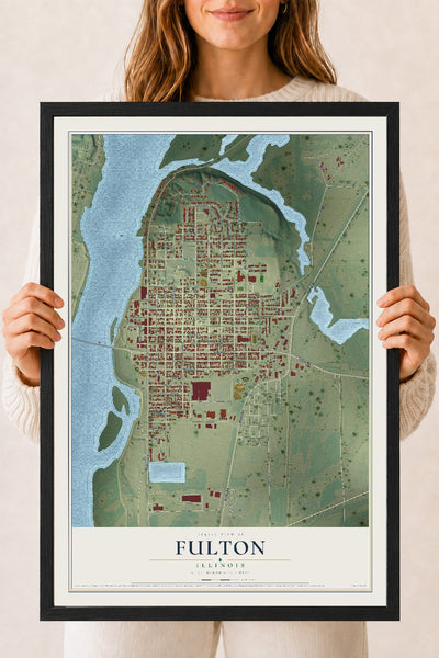 Map of Fulton, Illinois, 18 x 24 inch print in a black wood frame
