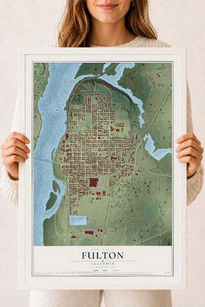 Map of Fulton, Illinois, 18 x 24 inch print in a white wood frame