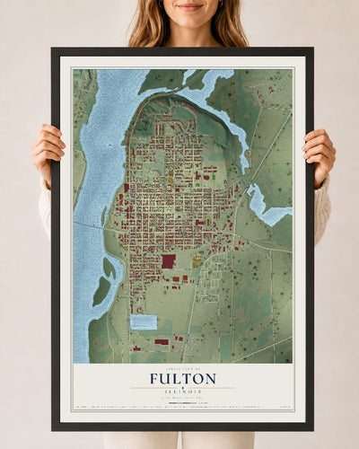 Map of Fulton, Illinois, 24 x 36 inch print in a black wood frame