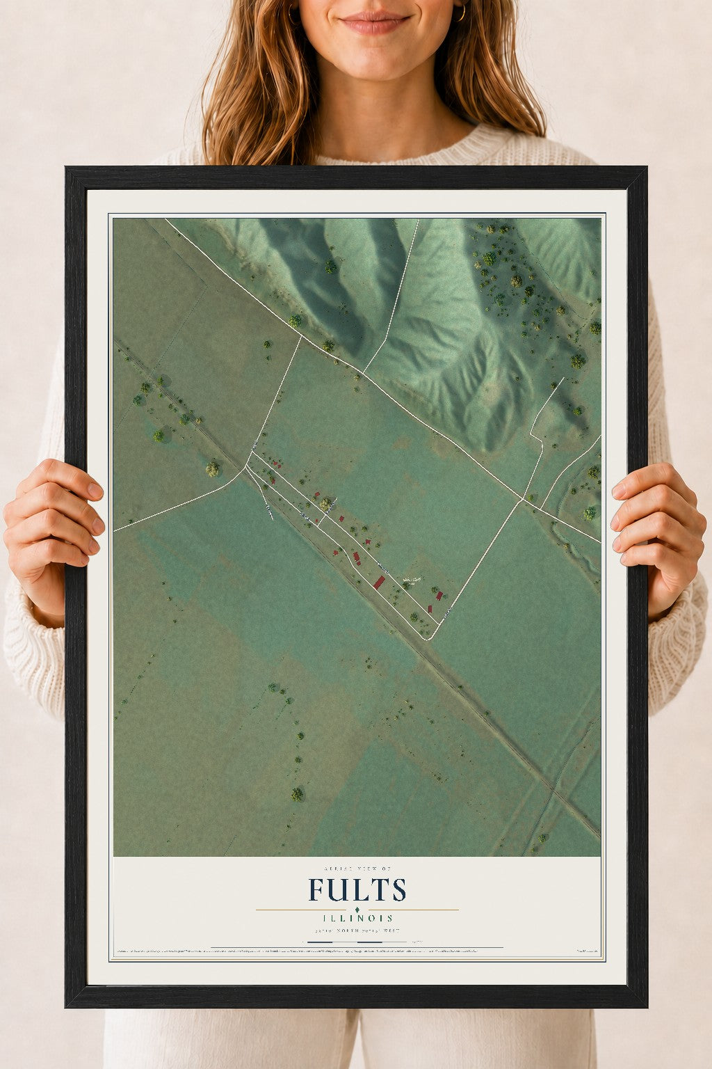 Map of Fults, Illinois, 18 x 24 inch print in a black wood frame